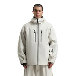 Men's loose off-white hooded ski jacket with waterproof fabric and multi-pocket design