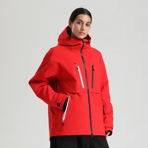 Men's and women's red waterproof hooded ski jacket with tactical pockets for outdoor sports