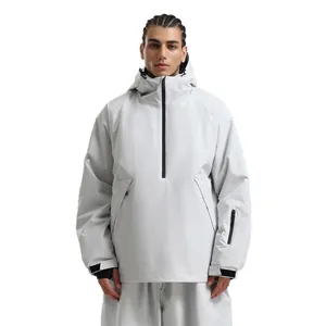 Chaqueta de esquí impermeable gris claro con capucha y diseño funcional de media cremallera