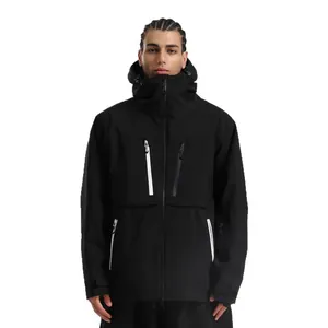 Waterproof black hooded ski jacket for men with multiple pockets and windproof high collar