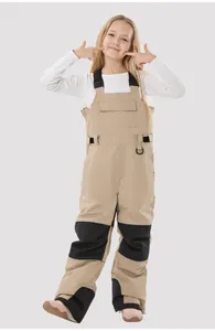 Full view of children's khaki ski bib pants featuring black reinforced knee pads