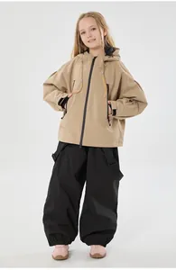 Detail of khaki hooded ski jacket with windproof cuffs and black overalls for kids