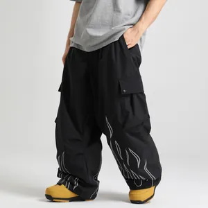 Men American Style Ski Pants Reflective Flame Print High Waist Waterproof Windproof Wide Leg Snowboard Pants Outdoor Sports