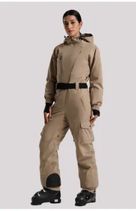 Detail of khaki one-piece ski suit featuring windproof hood and adjustable black waist belt