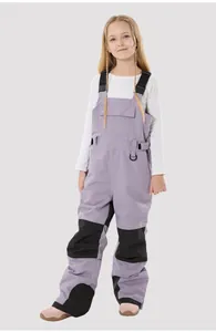 Close-up of kids waterproof ski bib with reinforced knee pads and adjustable straps