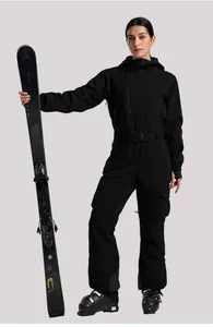 Detail of waterproof black one-piece ski suit with hooded design and belted waist