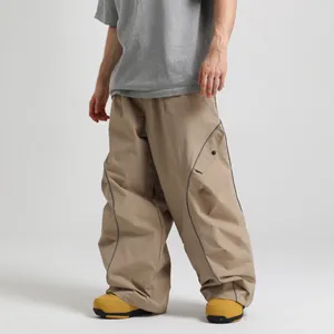 Waterproof khaki ski pants with loose fit cargo style and reflective piping for winter