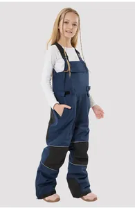 Kids waterproof navy ski bib pants featuring durable black knee patches and reflective strips