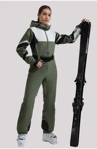 Olive green one-piece women ski suit with slimming waist belt and windproof hooded design