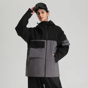 Veste de ski cargo imperméable à poches multiples noir et gris, style outdoor ample