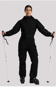 Full view of women's black one-piece ski suit with windproof hood and waist belt