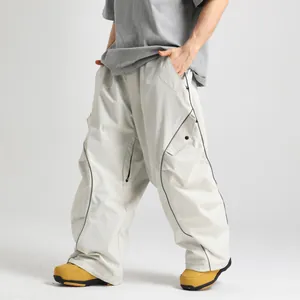 Waterproof technical cargo ski pants in light grey with reflective stripes for outdoor winter