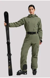Olive green waterproof one-piece ski suit for women with hood and adjustable waist belt