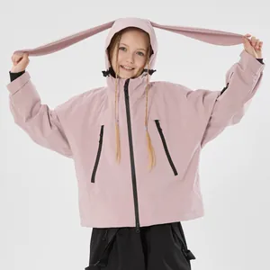 Kids warm hooded ski jacket in lotus pink with cute rabbit ears and dual zipper pockets