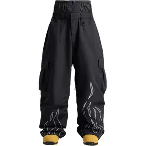 Waterproof American style baggy ski pants with waist protection and white flame pattern