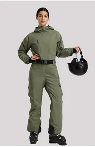 Detail view of military green one-piece ski suit with functional pockets and waist belt