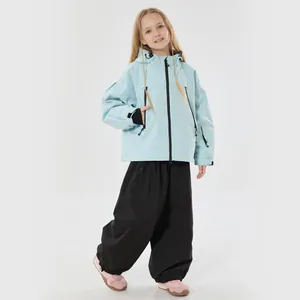 Kids light blue hooded ski jacket and black pants set for winter windproof outdoor sports