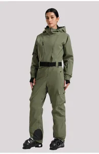 Close-up of olive green one-piece ski suit with adjustable black waist belt and pockets