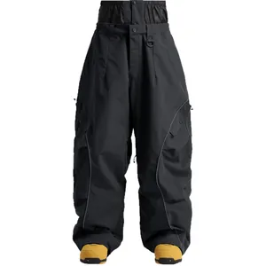 Waterproof black cargo ski pants for men and women featuring reflective strips and a high waist