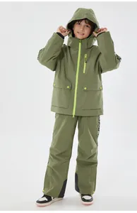 Kids' olive green insulated ski suit featuring fluorescent accents and windproof hood