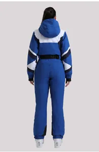 Detail view of the back of a slim-fit blue one-piece ski suit with contrast panels