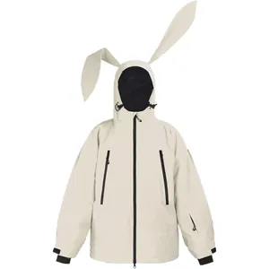 Kids cream white ski jacket with cute bunny ears on hood and windproof cuffs