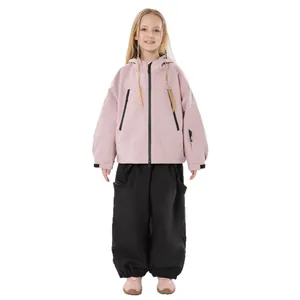 Pink rabbit ear kids ski jacket and black waterproof pants set for outdoor winter sports