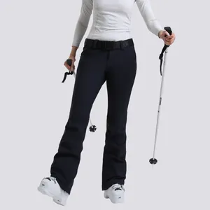 Pantaloni da sci neri slim da donna con cintura regolabile e fondo gamba con zip
