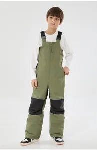 Salopette da sci per bambini verde oliva impermeabile con rinforzi neri sulle ginocchia