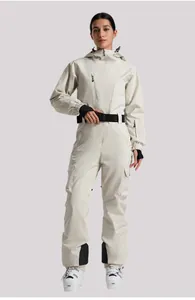 Detailed full view of a white one-piece ski suit with black belt and hooded design