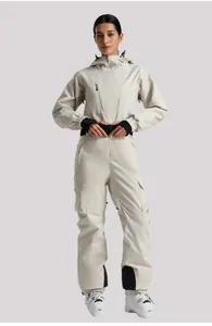 Detail of insulated white one-piece ski suit with windproof hood and waist belt