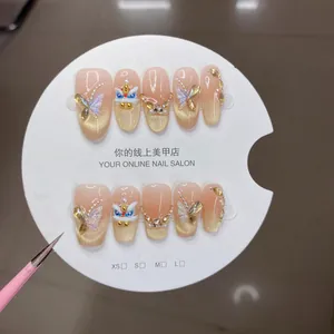 Handmade Chinese Style Lion Cat Eye Press On Nails Gold Foil Rhinestone Artificial Pearl Butterfly 3D Relief Elegant Fake Nails Set