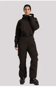 Detailed full view of brown one-piece ski suit with adjustable belt and cargo pockets
