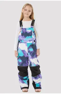 Kids waterproof ski bib pants with marble print and reinforced knee patches for winter sports