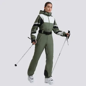 Olive green slim fit women's one-piece ski suit with waterproof hooded design and belt