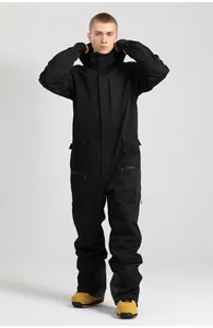 Front full view of black waterproof one-piece ski suit with hood and multiple pockets