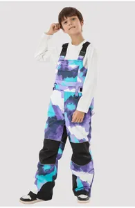Kids color-block ski bib overalls with reinforced knees and adjustable black straps