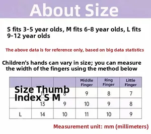 Size guide for children's press-on nails from ages 3 to 12 with measurements in millimeters