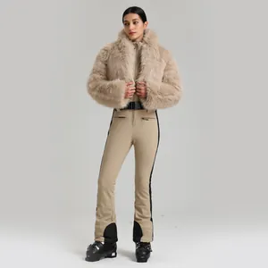 Combinaison de ski femme une pièce kaki avec veste en fausse fourrure et ceinture