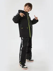Black kids waterproof ski suit set with neon green zippers and insulated hooded jacket