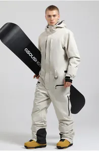 Detail of waterproof zippers and D-ring hook on professional off-white one-piece ski suit