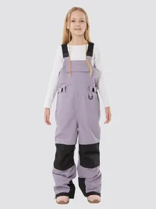 Kids lavender waterproof ski bib pants with windproof reinforced knees for winter outdoor sports
