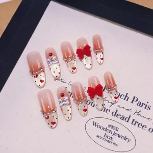 Handmade Chinese Style Red Lion Dance Press On Nails Cat Eye 3D Bow Heart Long Oval False Nails Festive Nail Art Jewelry