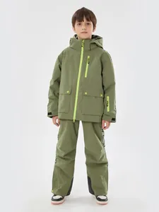 Kids waterproof olive green ski suit set with windproof hooded jacket and warm pants