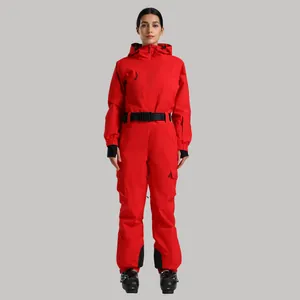 Professional women's one-piece red ski suit with waterproof fabric and adjustable belt