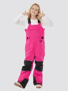 Kids insulated pink ski bib pants with waterproof fabric and reinforced black knee pads