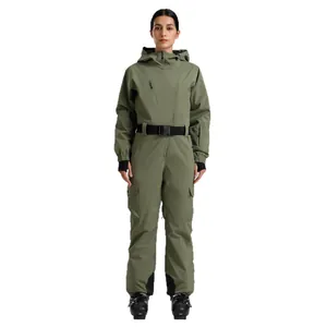 Olive green one-piece women's ski suit with waterproof hood and adjustable waist belt