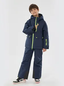 Kids navy blue hooded ski suit set with windproof jacket and insulated snow pants