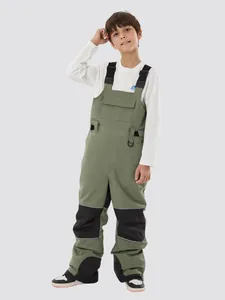 Kids olive green waterproof ski overalls with reinforced knees and reflective safety strips