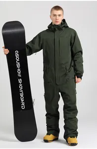 Detailed close-up of dark green men's ski jumpsuit with zipper pockets and hood